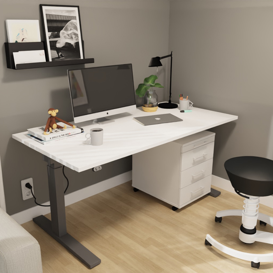 RWH Action Schreibtisch elektrisch verstellbar - weiß/graphit - mit Rollcontainer