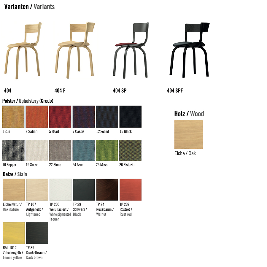 THONET 404 Holzstuhl-Serie - Übersicht Ausführungen/Materialien