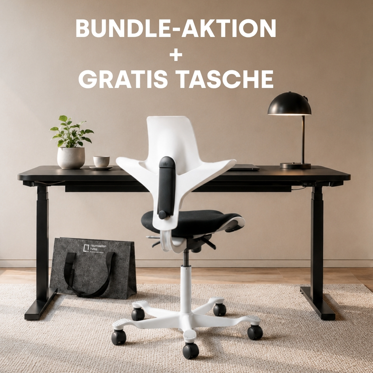 Bundle-Aktion: Schreibtisch NewWORK schwarz & HAG CAPISCO PULS 8020 weiß + Tasche