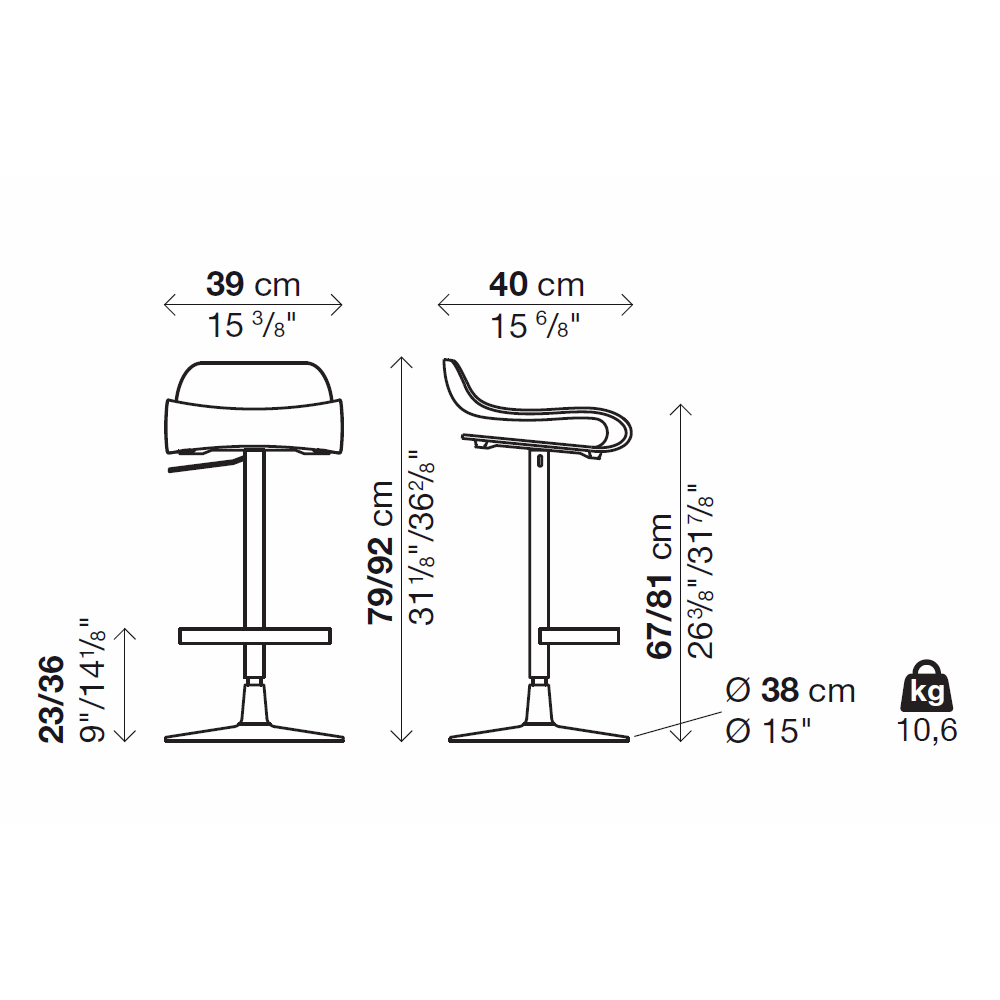 Kristalia Hocker BCN höhenverstellbar Abmessungen