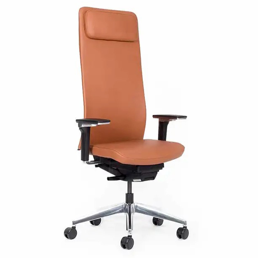 Lento agilis matrix Bürostuhl MT14 hoch mit Kopfstütze - Echtleder brandy - Fußkreuz Alu poliert