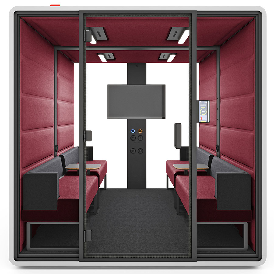 Hushfree.L Korpus White, Innenwand Rot, mit vier Sofas und Couchtischen