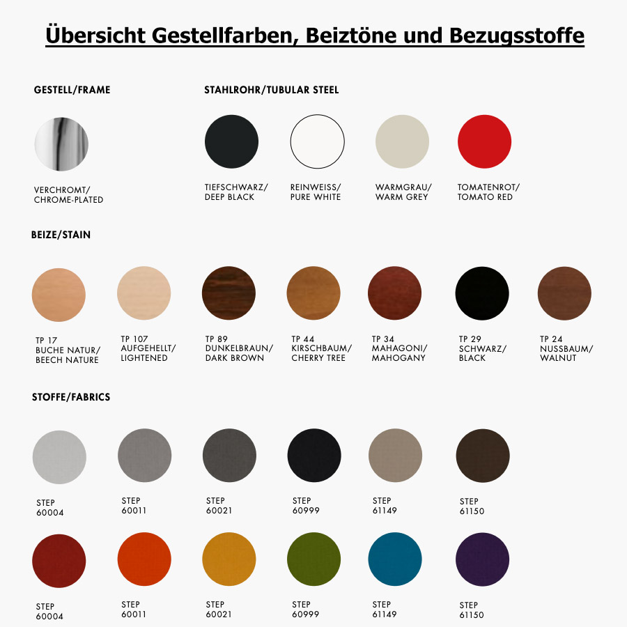 Übersicht Beiztöne, Gestellfarben u. Bezugsstoffe