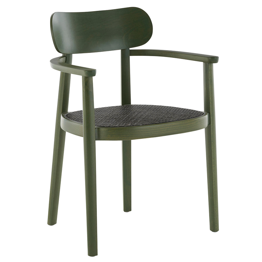 THONET 118 FV Holzstuhl Dark Melange mit Armlehnen | Rohrgeflecht-Sitz | Buche gebeizt graugrün