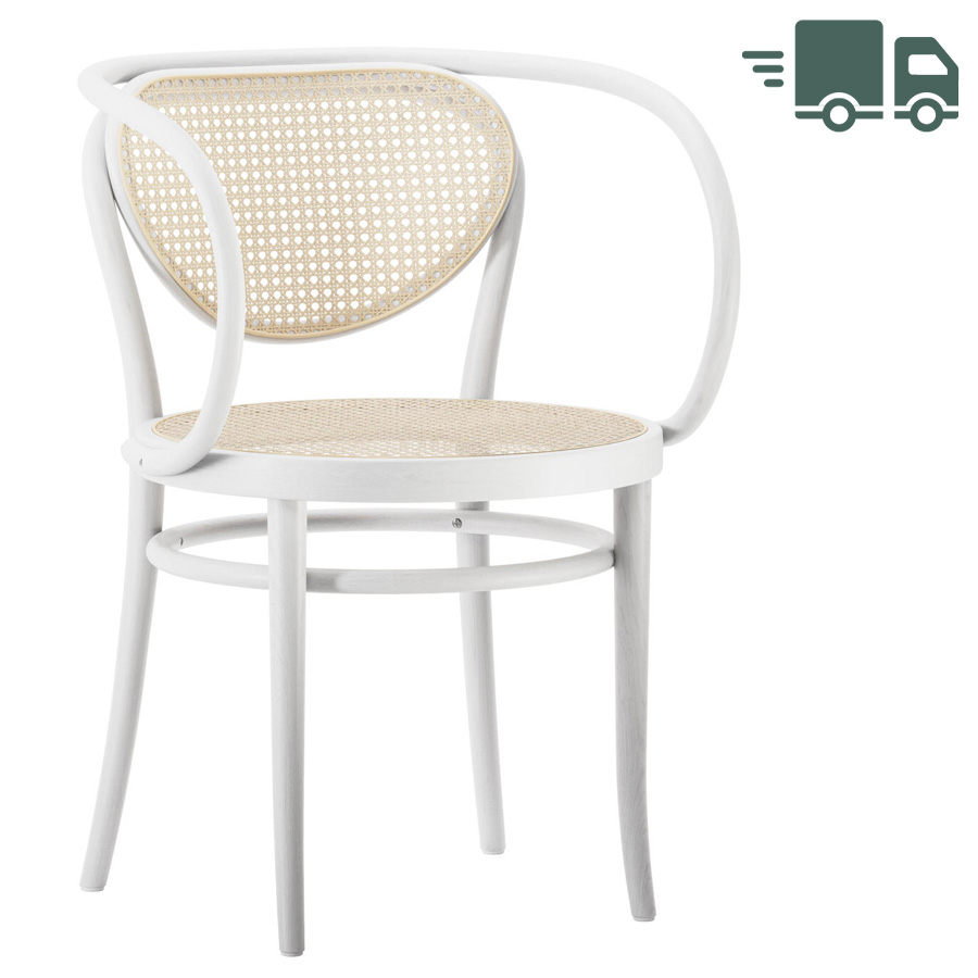 THONET 210 R Bugholzarmlehnenstuhl Buche weiß glasiert mit Rohrgeflecht