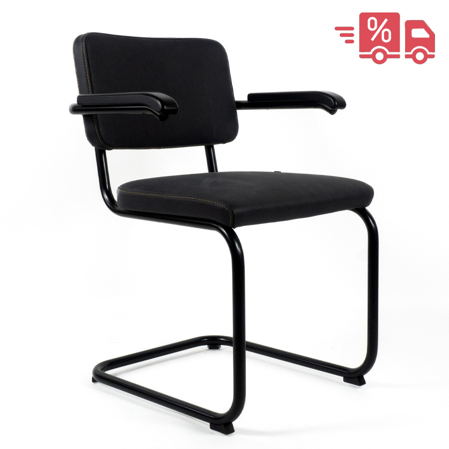 THONET Stahlrohr-Freischwinger S 64 PV Polstersitz Nappa Naturleder schwarz mit Armlehnen