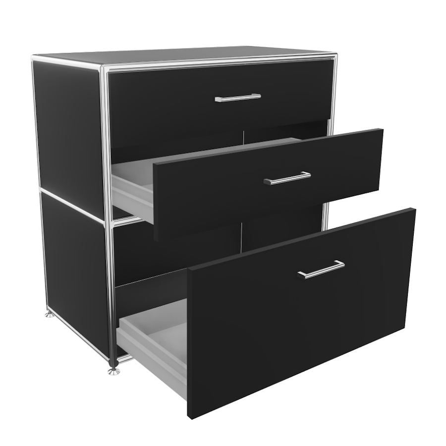 Bosse Regal Chrom 2 OH Breite 80 cm mit 3 Schüben in Melamin Schwarz offen