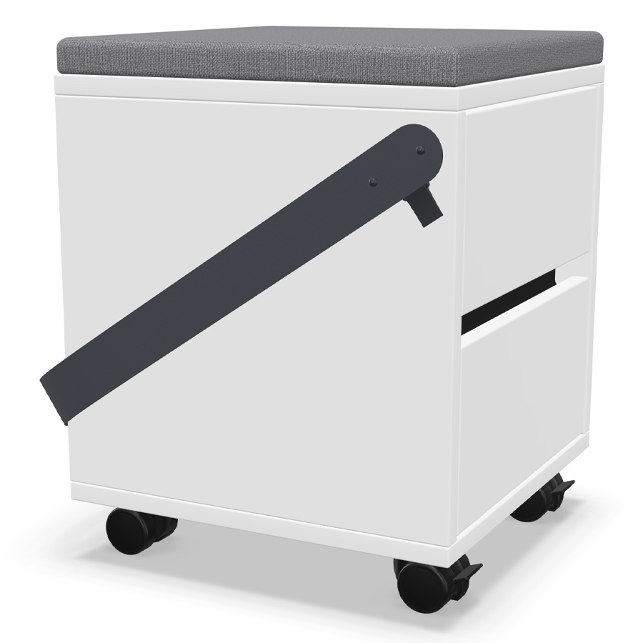 Palmberg Rollcontainer/Sitzhocker FIFFI weiß mit Gurt u. Sitzkissen grau - seitlich