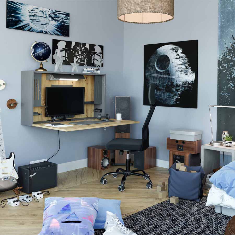 Wandschreibtisch Graphit/Asteiche - geöffnet - Beispielbild 1