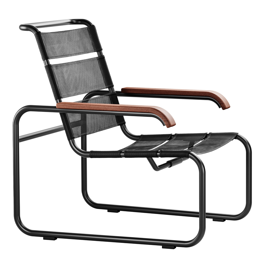 THONET Stahlrohr-Freischwinger S 35 N Outdoor mit Armlehnen und Netzbespannung - Gestell schwarz
