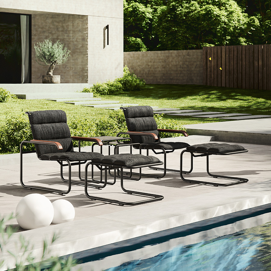 THONET Stahlrohr-Freischwinger S 35 N Outdoor mit Armlehnen und Netzbespannung