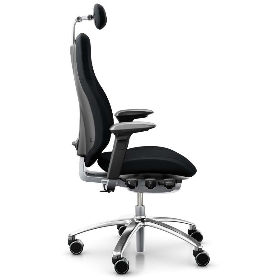 RH Mereo 220 mit hoher Rückenlehne, Armlehnen, Nackenstütze und Fußkreuz poliert - Seitenansicht