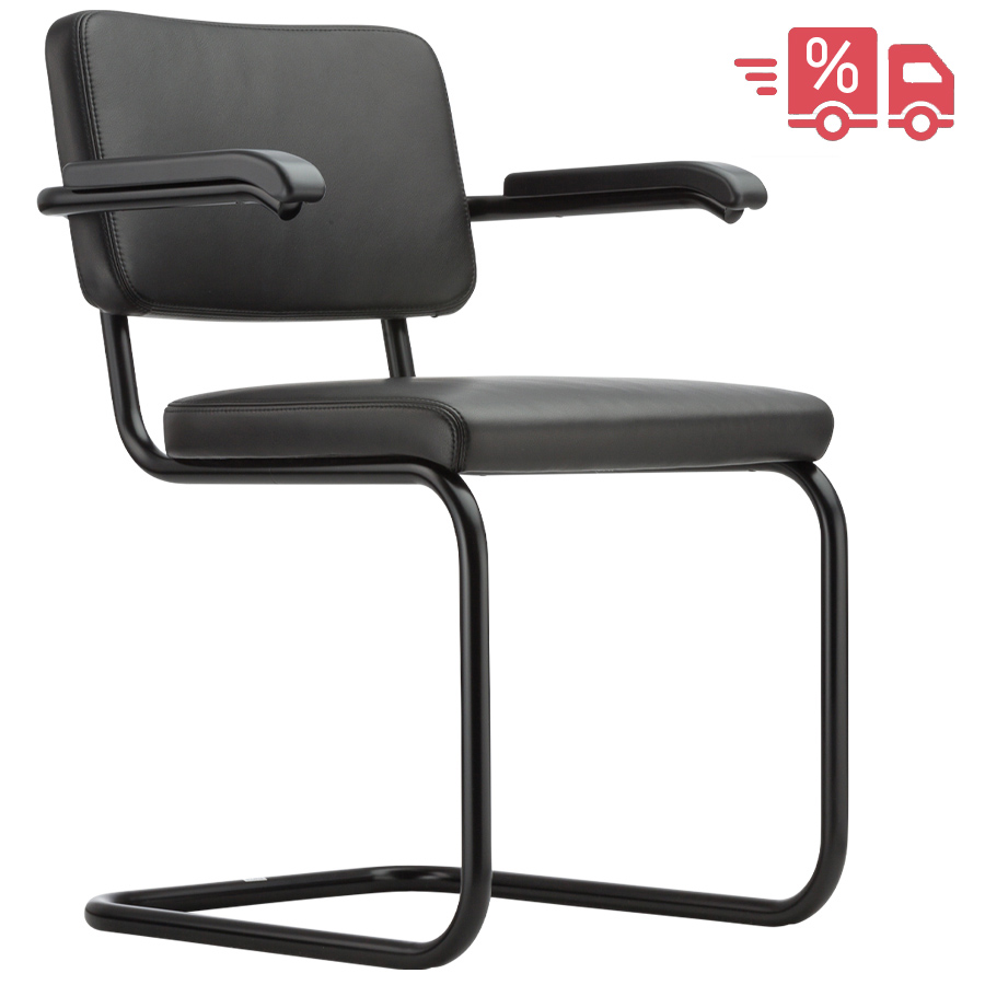 THONET Stahlrohr-Freischwinger S 64 PV Polstersitz Nappa Naturleder schwarz mit Armlehnen