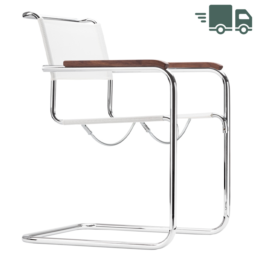 THONET Stahlrohr-Freischwinger S 34 N mit Armlehnen Sitz u. Rücken Netzbespannung weiß - Gestell chrom