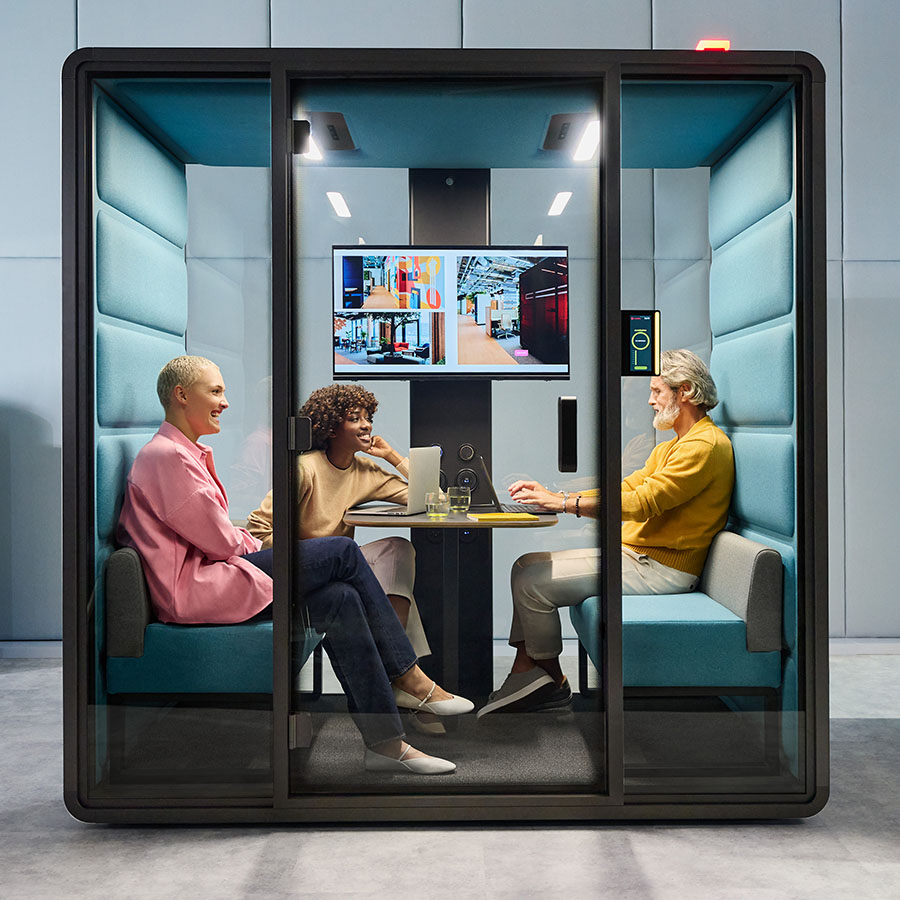 HushFree.M Cosmos Grey, Stoff Innen Hellblau, mit Sofas, Tisch und TV-Halter