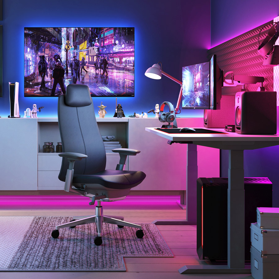 Haworth Fern Gamingstuhl Leder schwarz mit Kopfstütze - Kunststoff Fog - Fußkreuz poliert