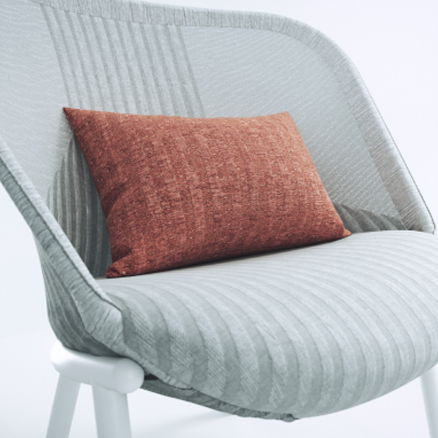 Haworth Cardigan Lounge | Strick grau | Gestell weiß | Hier mit Beispielkissen