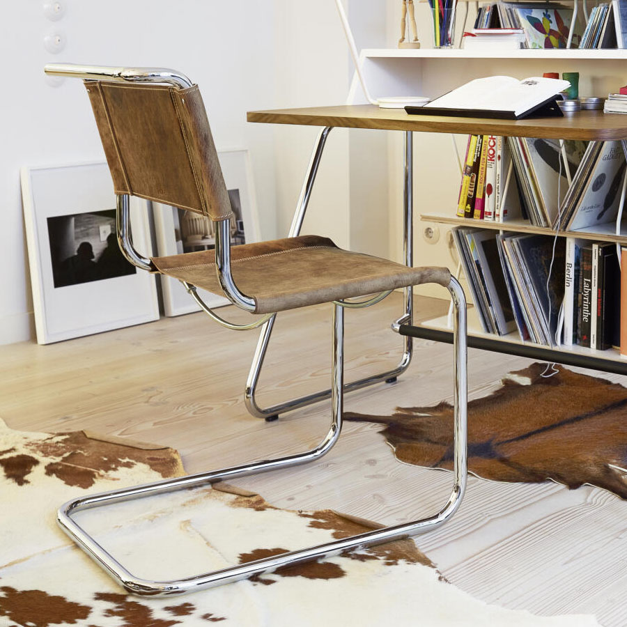 THONET Stahlrohr-Freischwinger S 33 Sitz und Rücken Büffelleder  - Gestell chrom