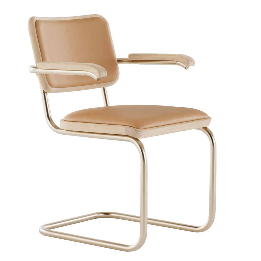 JS. THONET S 64 P NORDIC 01 | Eiche weiß pigmentiert | Leder Karamell | Stahlrohr-Freischwinger