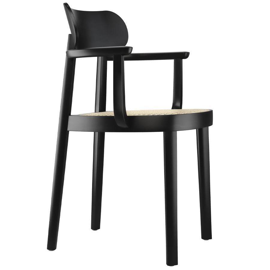 THONET 118 F Holzstuhl mit Armlehnen u. Rohrgeflecht-Sitz Buche gebeizt schwarz - Seitenansicht