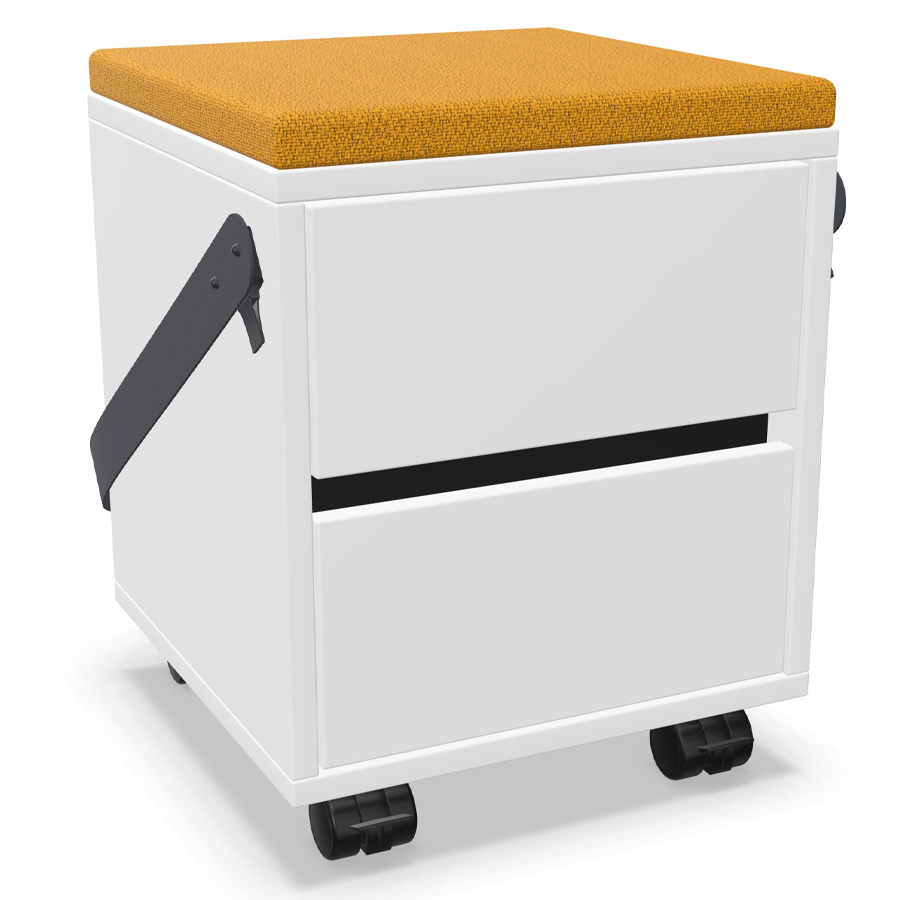 Palmberg Rollcontainer/Sitzhocker FIFFI weiß mit Gurt u. Sitzkissen gelb