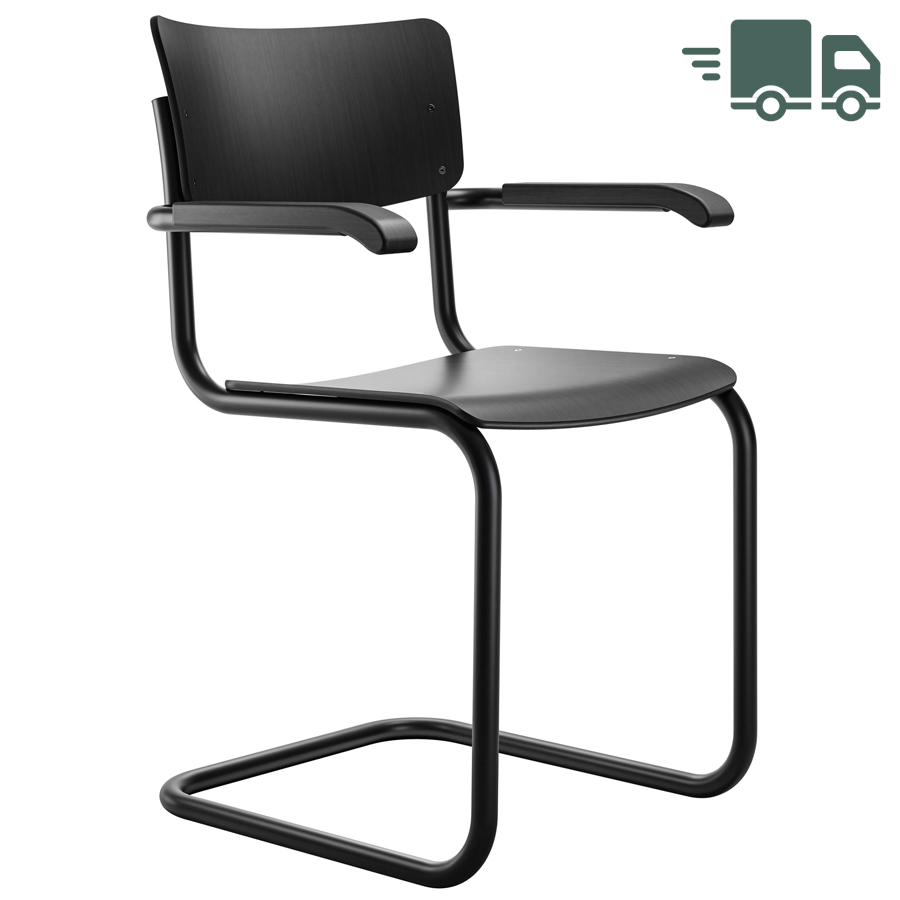 THONET Stahlrohr-Freischwinger S 43 F mit Armlehnen - Gestell schwarz matt