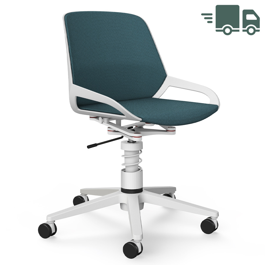 Aeris Numo Task mit Federbein weiß - Fußkreuz mit Rollen - Sitz- u. Rückenpolster Cura blau