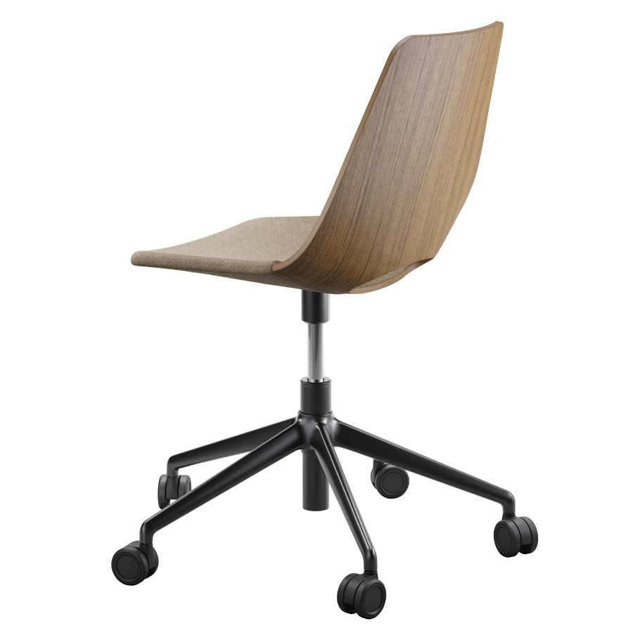 THONET S 661 DR Formholz-Stuhl - Sitzfläche gepolstert - Nussbaum - Fußkreuz schwarz mit Rollen - Rückansicht