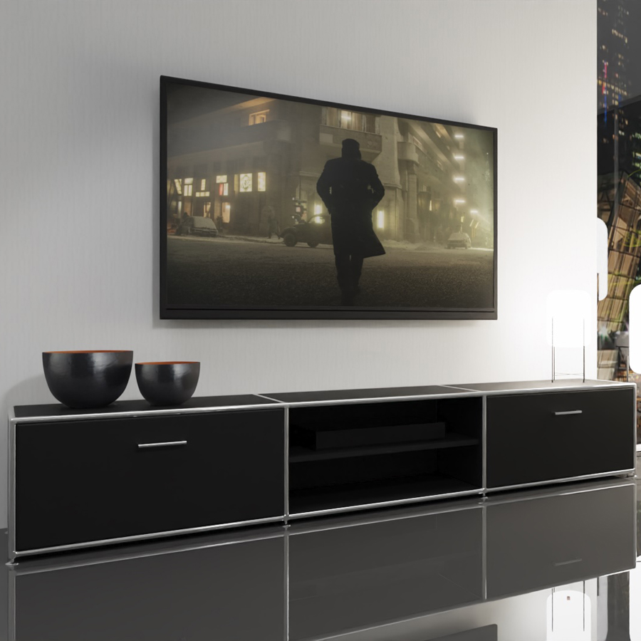 Bosse TV-Lowboard Chrom - in Melamin vulkanschwarz mit zwei Klappen und einem Fachboden (ohne Deko)