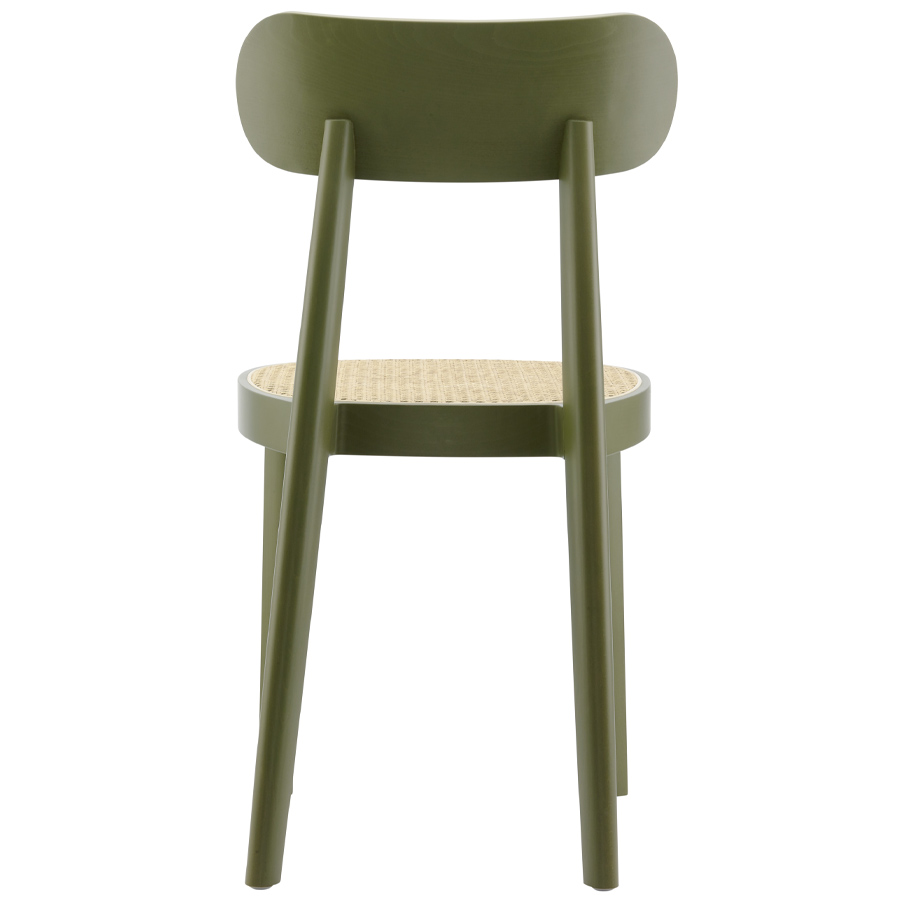 THONET 118 Holzstuhl Buche gebeizt olivgrün mit Rohrgeflecht-Sitz - Rückansicht