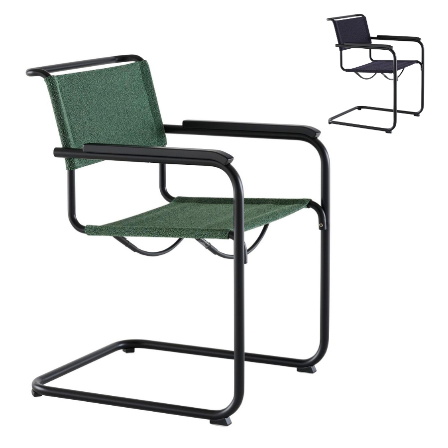 THONET Stahlrohr-Freischwinger S 34 V mit Armlehnen | Sitz u. Rücken Stoffmuster | Gestell schwarz