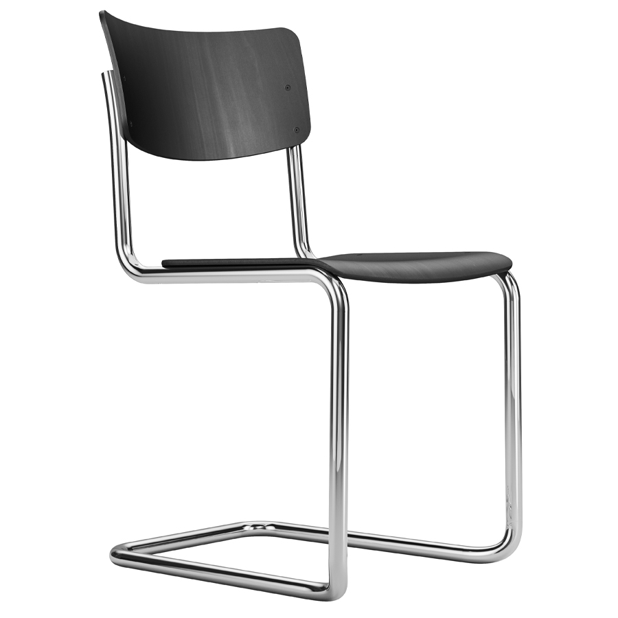 THONET Stahlrohr-Freischwinger S 43 | Formholzschale schwarz gebeizt | Gestell verchromt