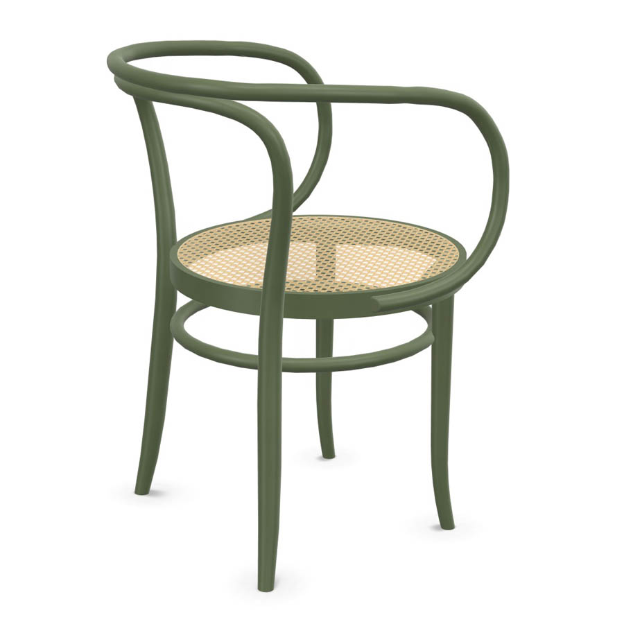 THONET 209 Bugholzarmlehnenstuhl | Rohrgeflecht-Sitz | Buche olivgrün gebeizt