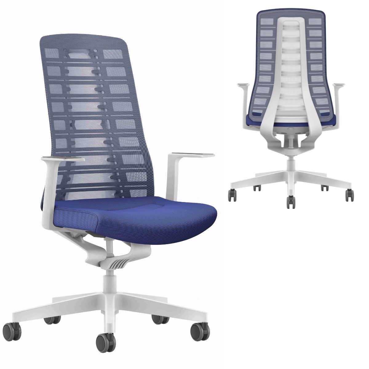 Interstuhl Pure 213 Gestell weiß Farbkombination 4D AL und AL fix blau beige
