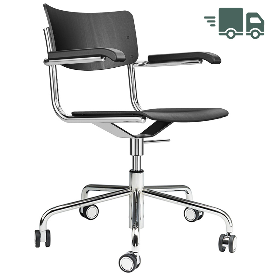 THONET Drehsessel S 43 FDR schwarz gebeizt mit Armlehnen - Gestell/Rollen verchromt