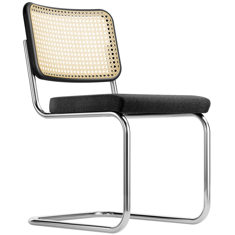 THONET Stahlrohr-Freischwinger S 32 SPV Rücken Rohrgeflecht, Sitz vollgepolstert - Gestell verchromt