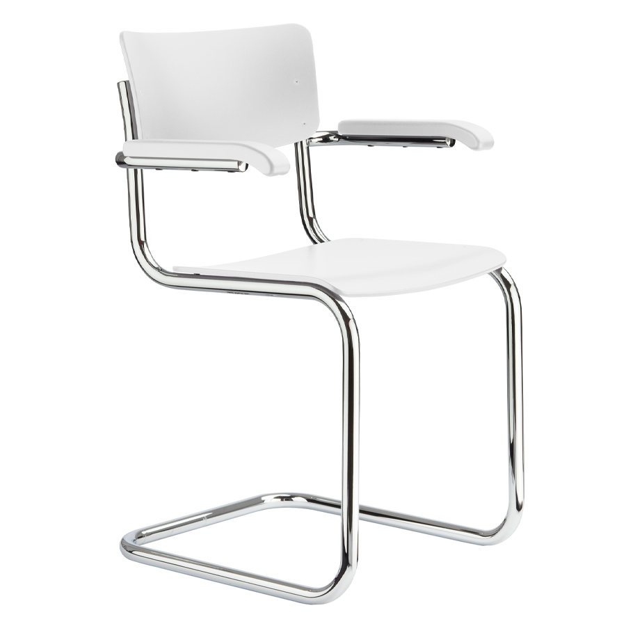 THONET Stahlrohr-Freischwinger S 43 F mit Armlehnen | weiß lasiert | Gestell Chrom