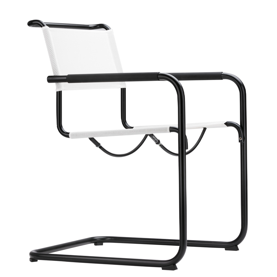 THONET Stahlrohr-Freischwinger S 34 N Outdoor mit Armlehnen und Netzbespannung - Gestell schwarz
