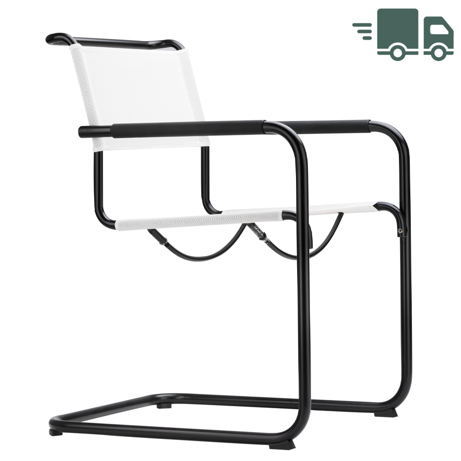 THONET Stahlrohr-Freischwinger S 34 N Outdoor mit Armlehnen und Netzbespannung - Gestell schwarz