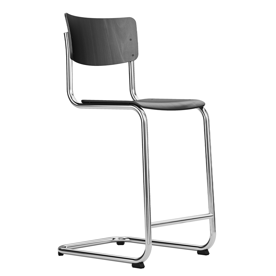 THONET Barhocker S 43 HT Formholzschalen schwarz gebeizt - Gestell verchromt - niedrige Ausführung