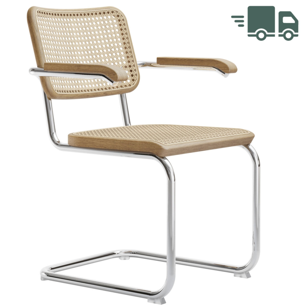 THONET S 64 V | Eiche Pure Materials | Stahlrohr-Freischwinger mit Armlehnen | Gestell verchromt