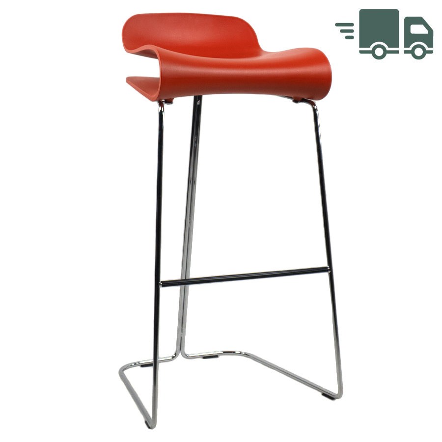 Kristalia BCN Barhocker mit Kufengestell verchromt | Schale korallenrot | Höhe 66 cm