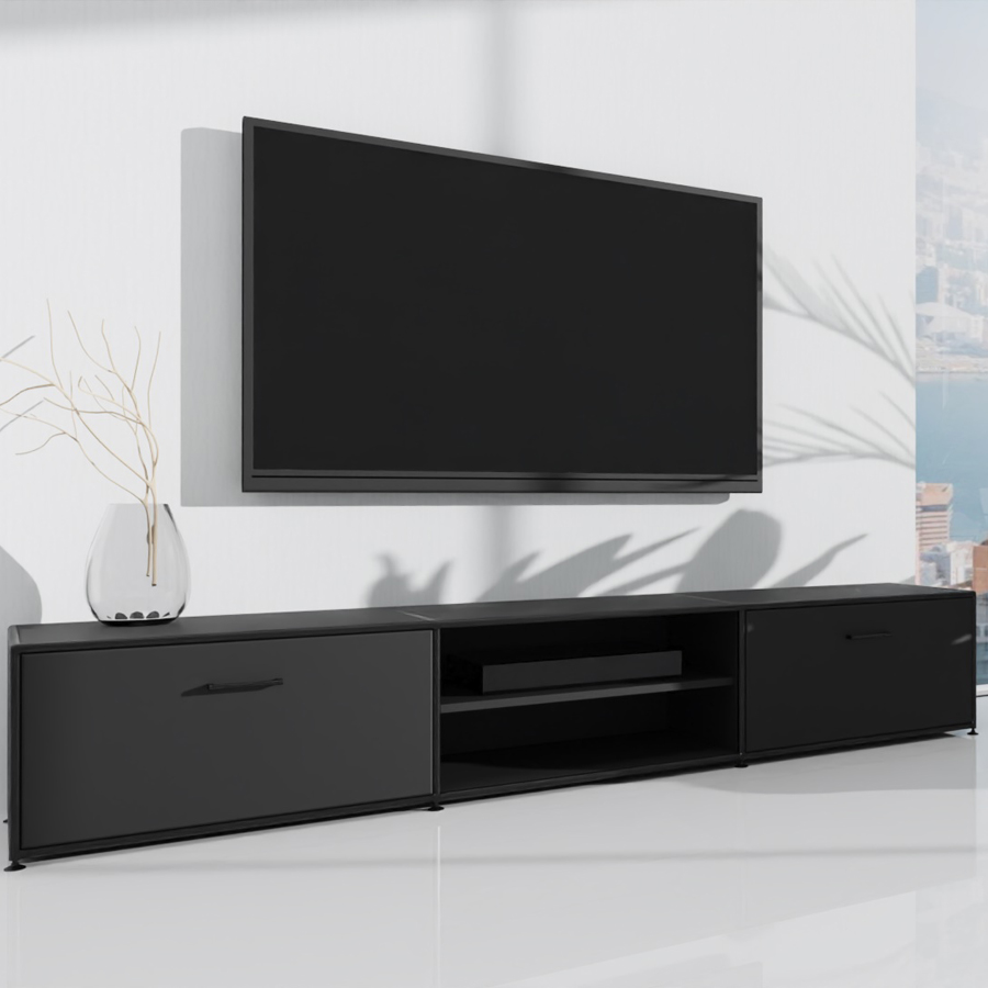Bosse TV-Lowboard black edition - in Melamin vulkanschwarz mit zwei Klappen und einem Fachboden (ohne Deko)