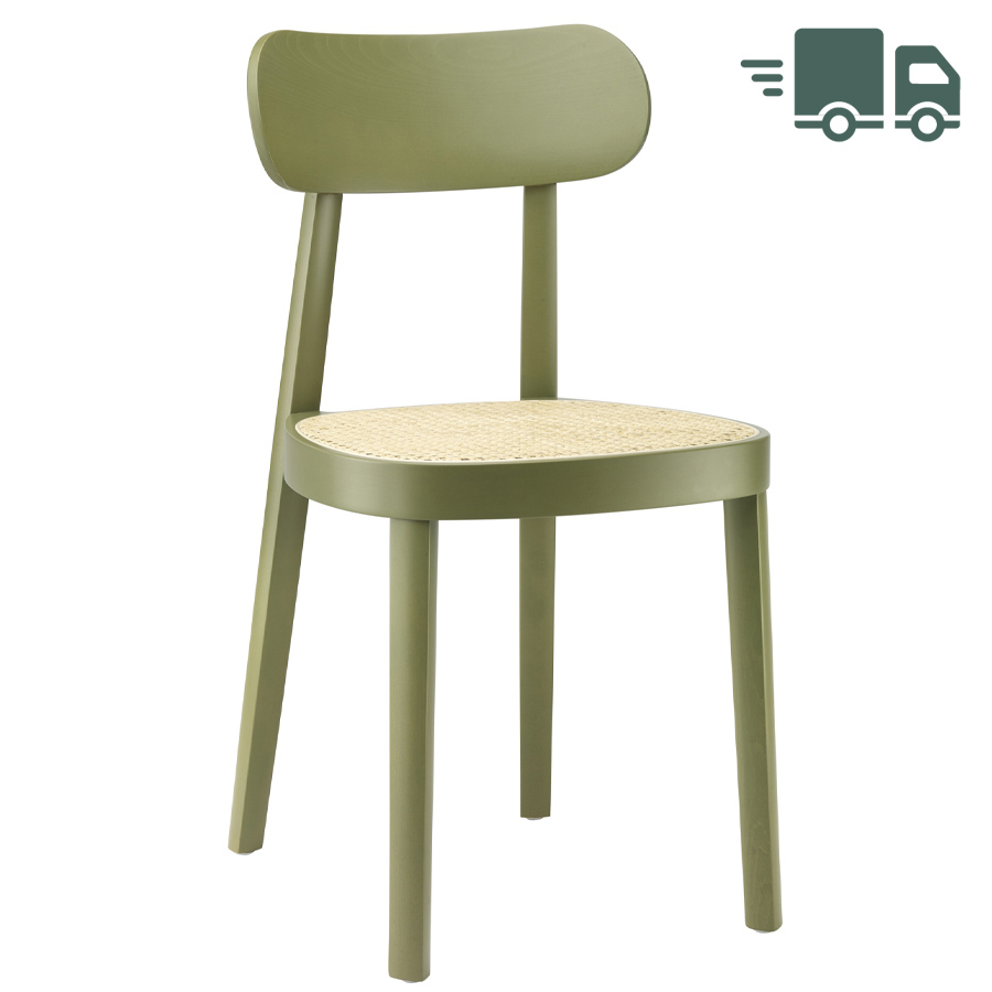 THONET 118 Holzstuhl Buche gebeizt olivgrün mit Rohrgeflecht-Sitz