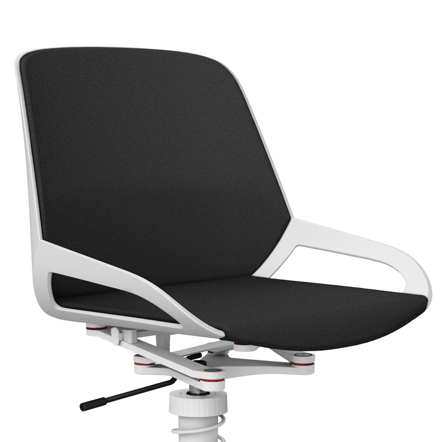 Aeris Numo Task mit Federbein weiß - Fußkreuz mit Rollen - Sitz- u. Rückenpolster Cura dunkelgrau - Nahaufnahme