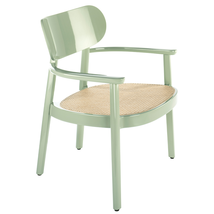 THONET 119 F Holzstuhl mit Armlehnen u. Rohrgeflecht-Sitz hochglanz mint - seitlich