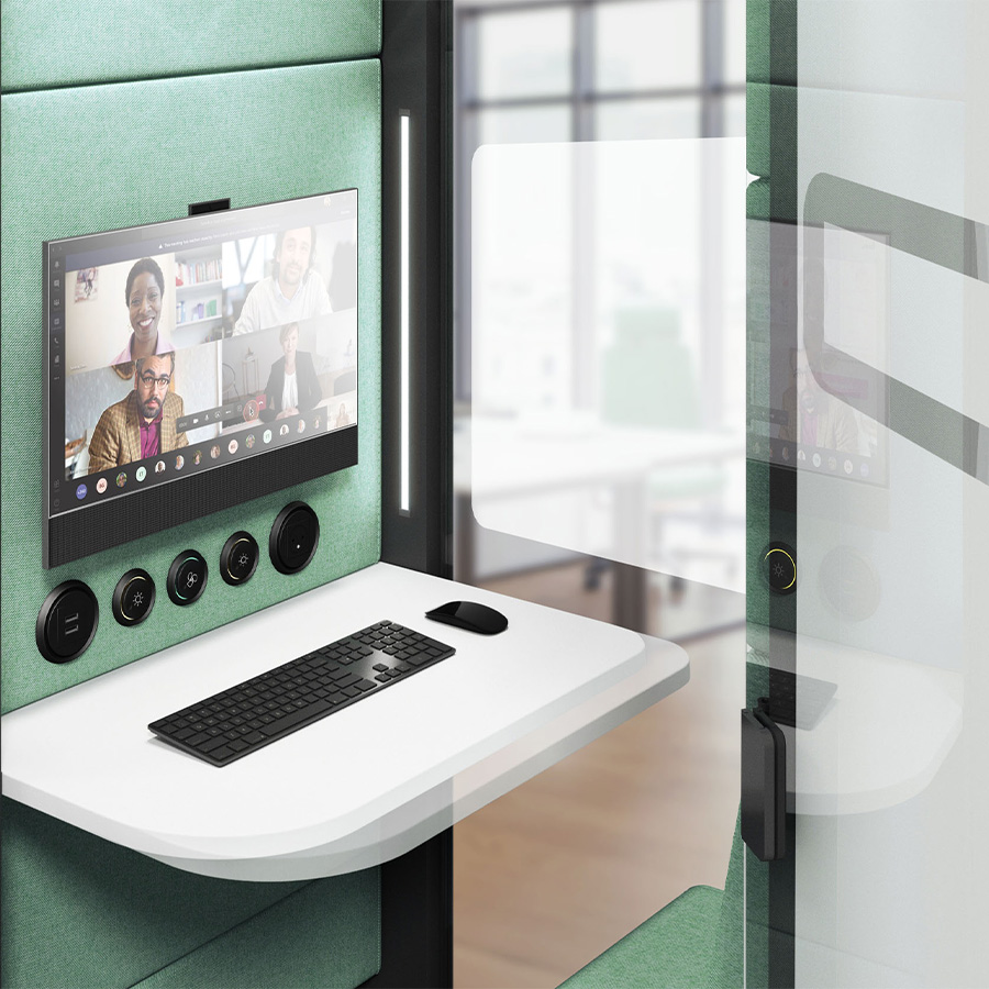 Hushoffice Telefonbox Hushhybrid in Wool Jade mit Vesa Halterung und Gesichtsbeleuchtung