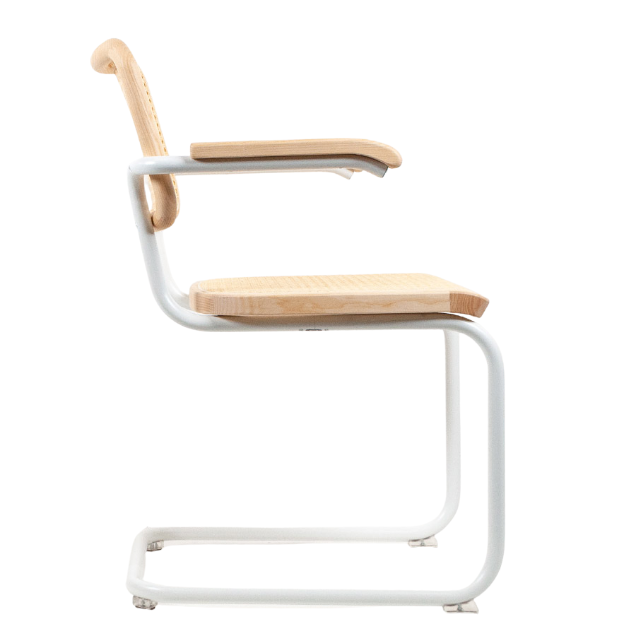 THONET Stahlrohr-Freischwinger S 64 V Esche Pure Materials mit Rohrgeflecht-Sitz - Gestell weiß - Seitenansicht