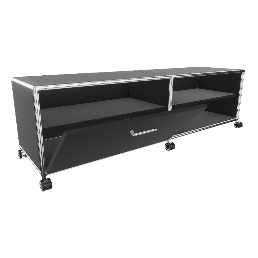 Bosse TV-Board 1 OH Breite 160 cm in Melamin Schwarz mit 1 Klappe offen und 1 offenen Fach