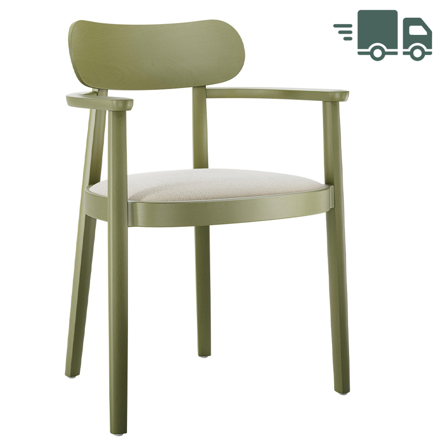 THONET 118 SPFV Holzstuhl mit Armlehnen | Gestell olivgrün | Sitz gepolstert | Stoff Sahco Safire 006